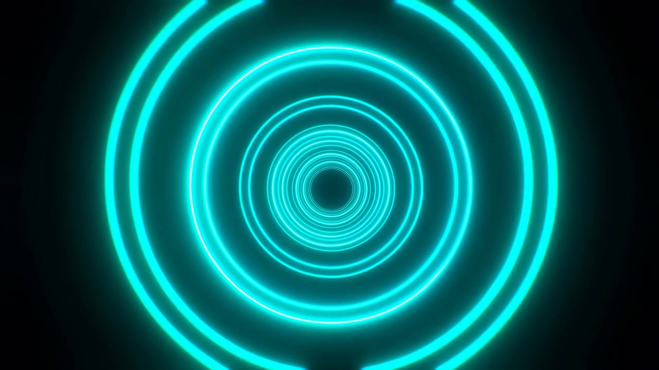 Abstrakte neon koncentriske ringe danner en lys cyan tunnel centreret på en mørk baggrund, hvilket skaber en futuristisk følelse af dybde, bevægelse og digital energi.
