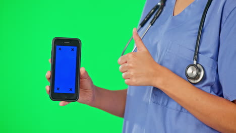 Green-screen,-phone-and-hands-of-doctor