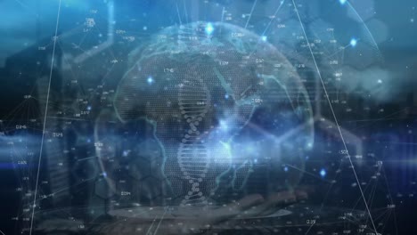 animation of globe over cityscape and data processing