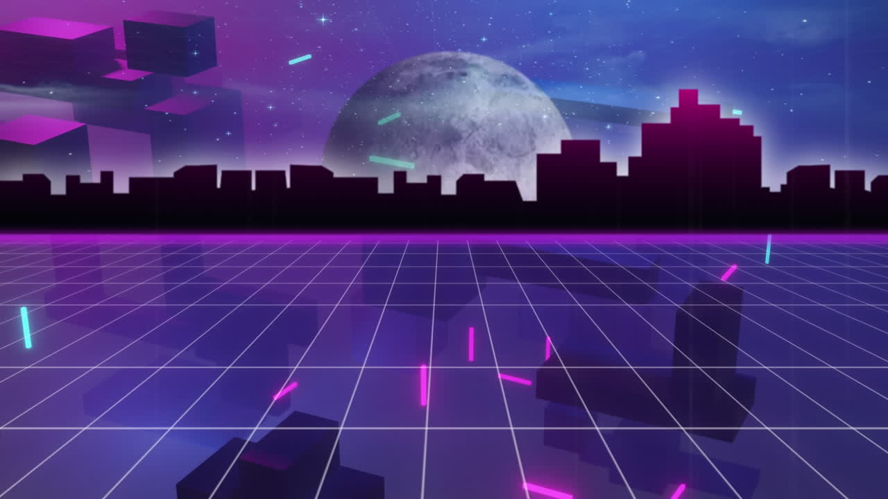 Animation of video game metaverse over purple background