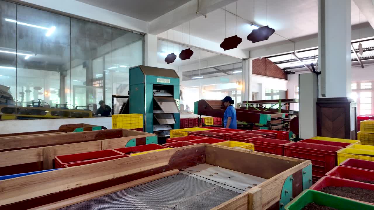 Inside a tea sorting room in a Sri Lankan factory, colorful crates fill the space, showcasing a vibrant industrial atmosphere. W