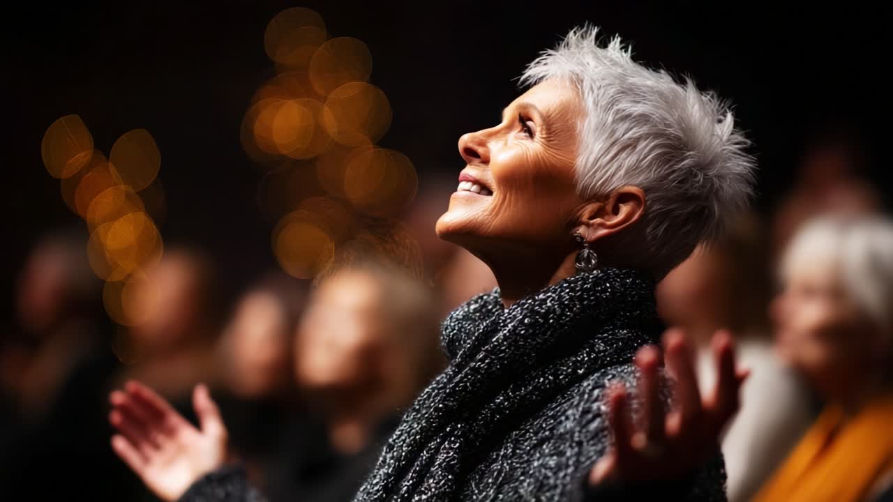 Emotion and Connection: A Joyful Woman with Silver Hair Expressing Happiness and Gratitude While Surrounded by an Enchanted Audience in a Warm Atmosphere of Celebration