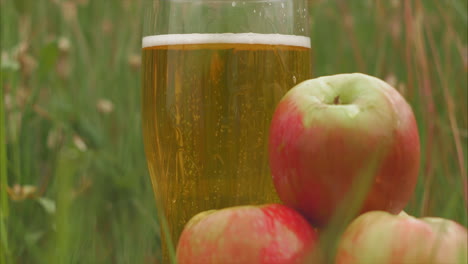 Las-Burbujas-Se-Elevan-En-Un-Vaso-De-Sidra-Junto-A-Deliciosas-Manzanas-En-El-Campo,-Primer-Plano