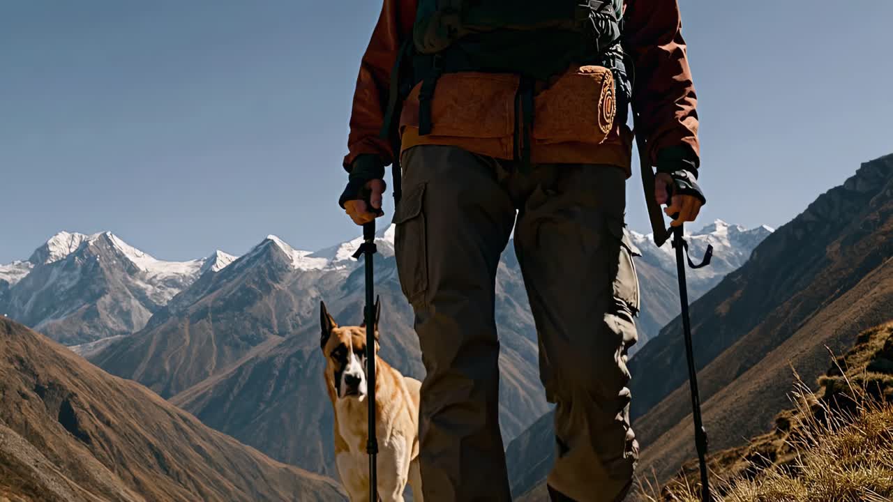 Hiker with hiking poles and a dog in the mountains