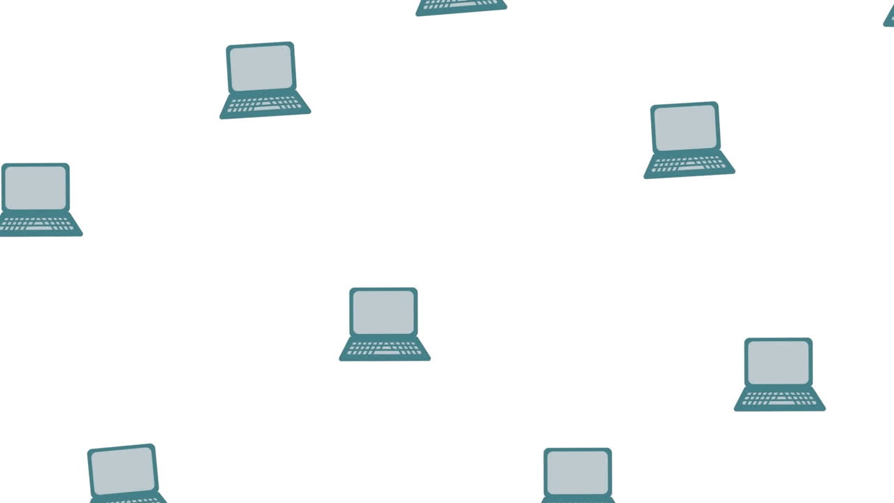 Animation of rows of laptops, students, basketballs on white background