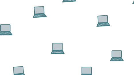 animación de filas de computadoras portátiles, estudiantes, balones de baloncesto sobre fondo blanco