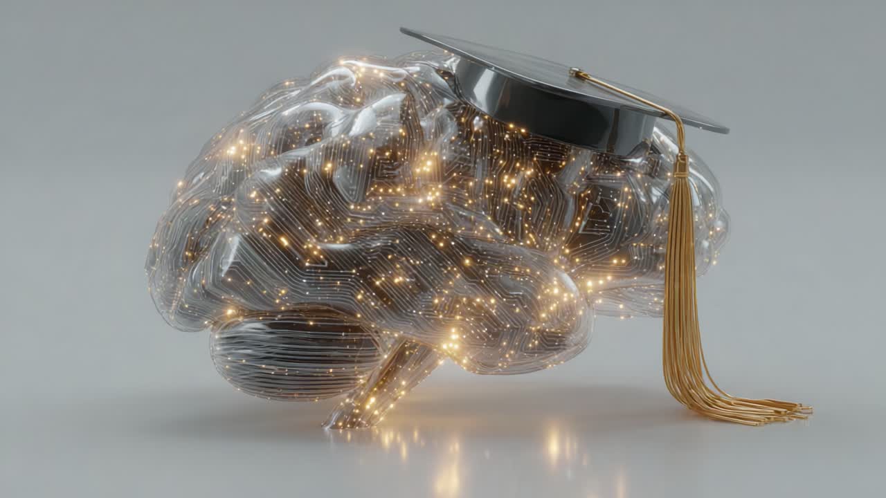 A Futuristic Representation of an Intelligent Brain Adorned with a Graduation Cap, Symbolizing the Fusion of Knowledge and Technology in Education
