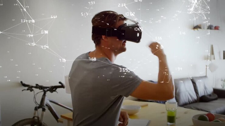 Animation of network of connections and data processing over man in vr headset