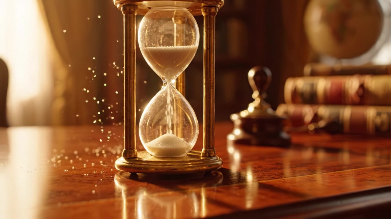 An Elegant Hourglass on a Wooden Desk in a Cozy Room with Soft Lighting, Symbolizing the Passage of Time and Moments Winding Down into the Future.