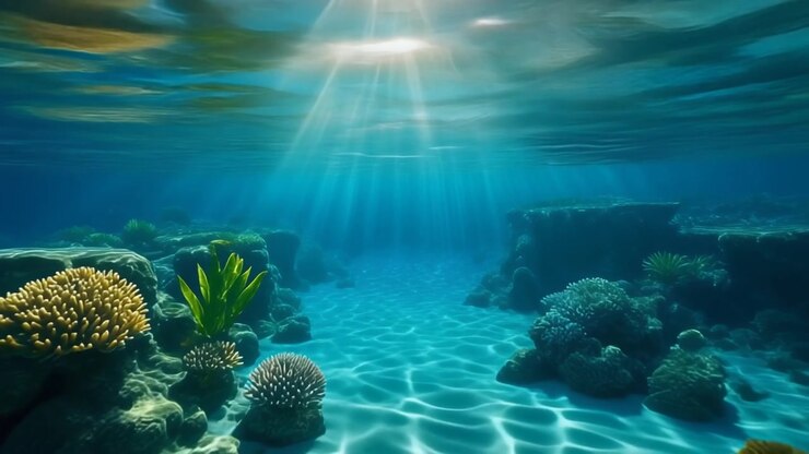 Zonnestralen schijnen door helder tropisch oceaanwater boven koraalrif
