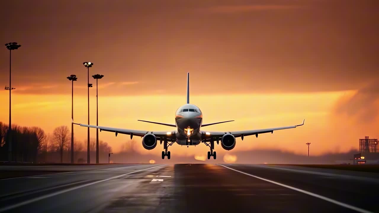 A dramatic low-angle shot of an airplane landing on a runway at sunset, capturing the powerful
