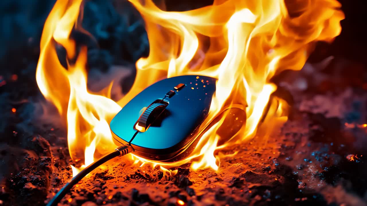 불 위에 앉아 있는 컴퓨터 마우스