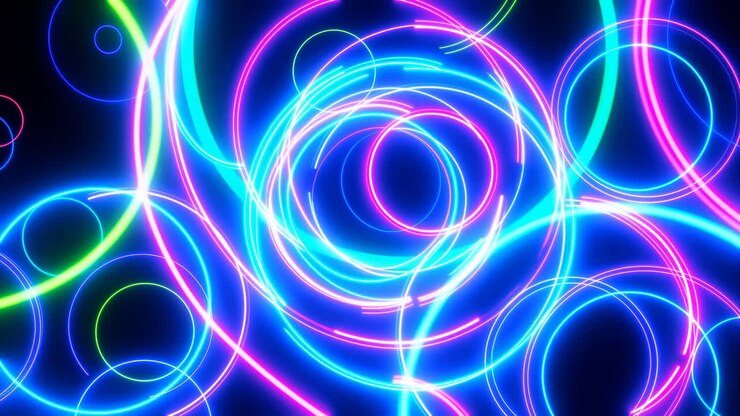 Neon Rings Swirl In Electric Vortex, Looping Luminescent SpiRAMs And Glowing Blue And Pink Trails, Fast Motion