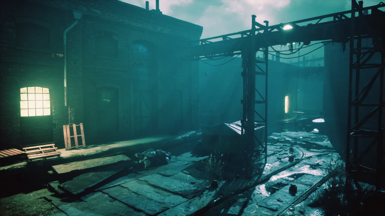 escena nocturna de una fábrica abandonada