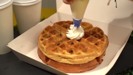 adding topping sweet whipped cream to waffles slow motion