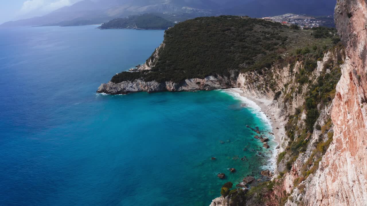 stunning aerial revealing view of paradise and remote Filikuri beach in Albanian riviera