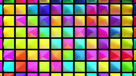 fondo festivo abstracto con pirámides multicolores en un plano parpadeando luz de neón al azar. bucle hermoso bg en 4k. animación suave renderización 3d.