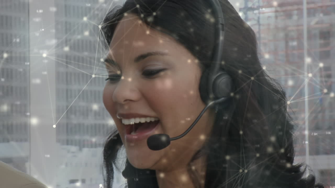 Animation of networks of connections over businesswoman wearing phone headset