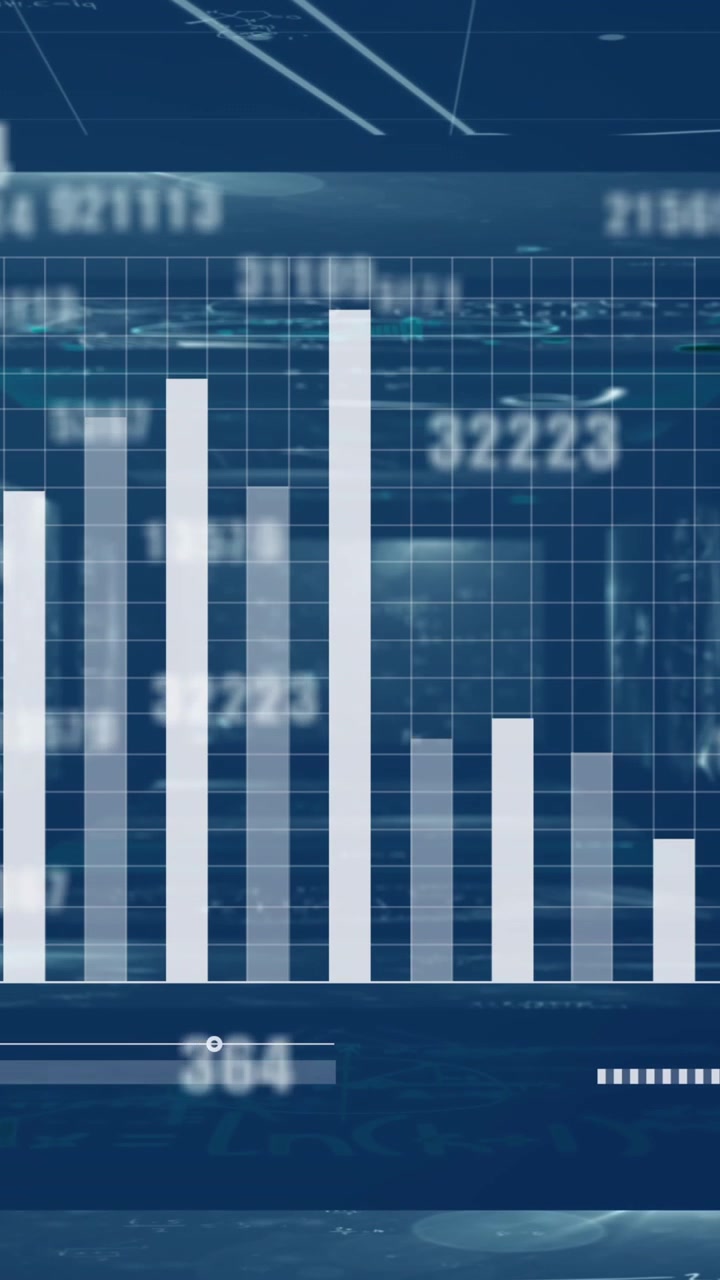 Animazione di elaborazione dati finanziari e simboli su sfondo blu