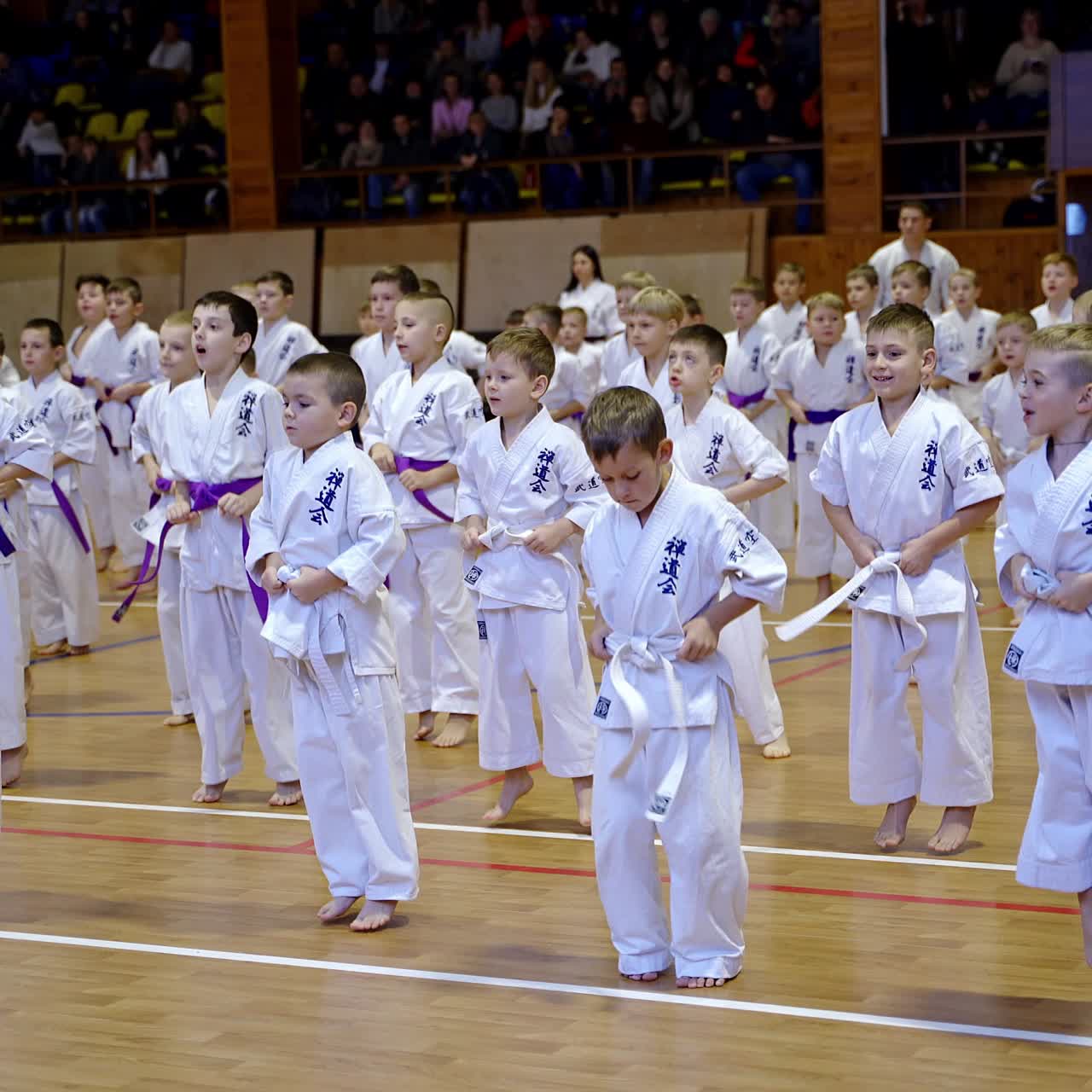 Lots of boys wearing white kimonos with blue letters and diverse belts jump. Competitors preparing and warming up for competition. Spectators at backdrop