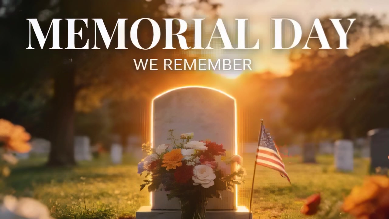 Glowing grave catching rim light from sun at cemetery and bouquet American flag MEMORIAL DAY honor