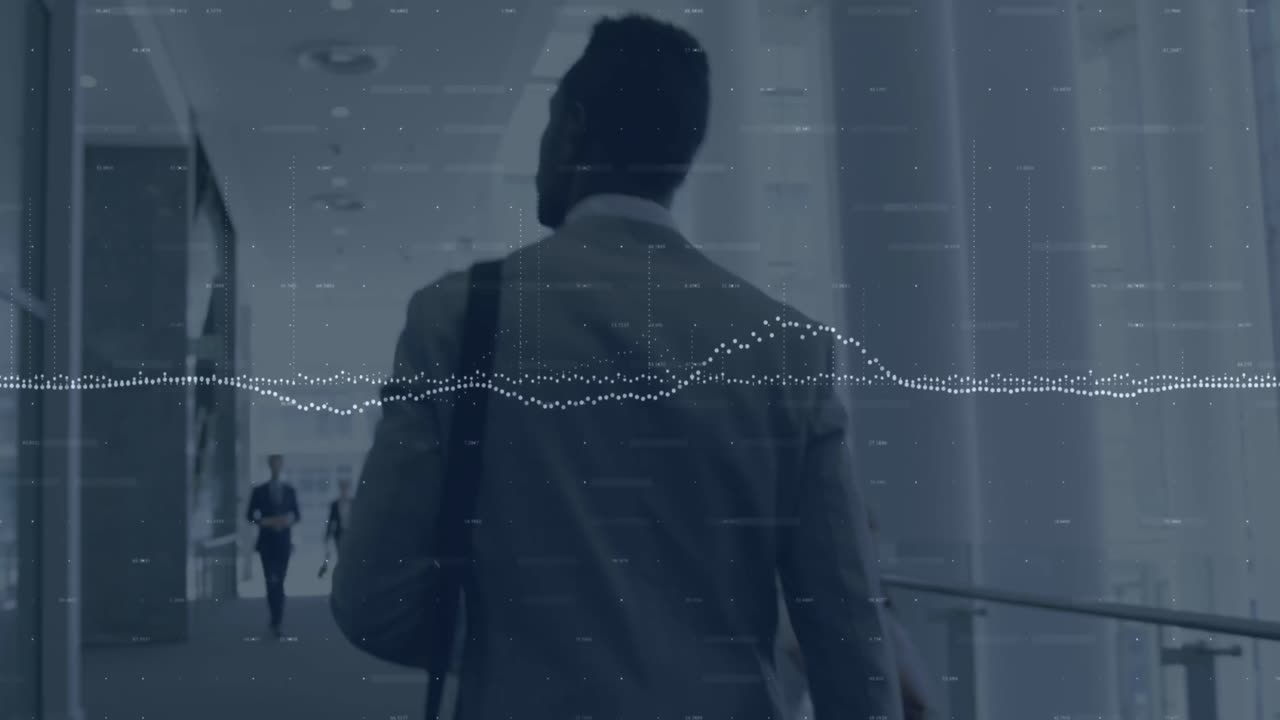 Animation of financial data processing over businessman