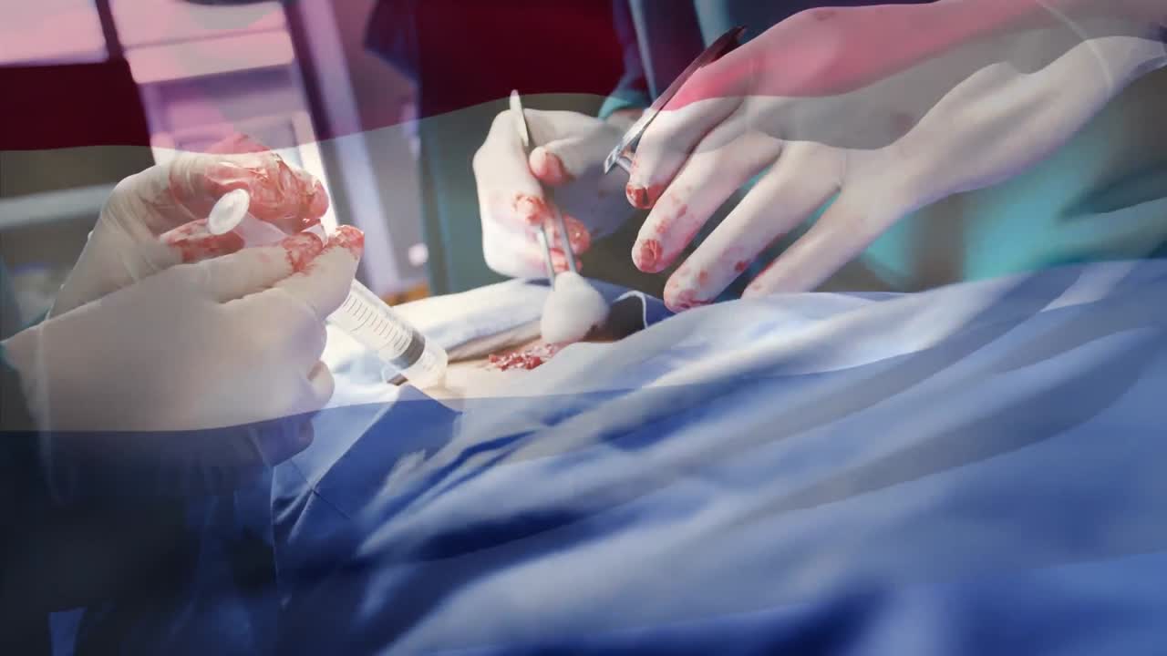 수술실에서 외과 의사 들 위 에 흔들리는 네덜란드 의  ⁇ 발 의 애니메이션
