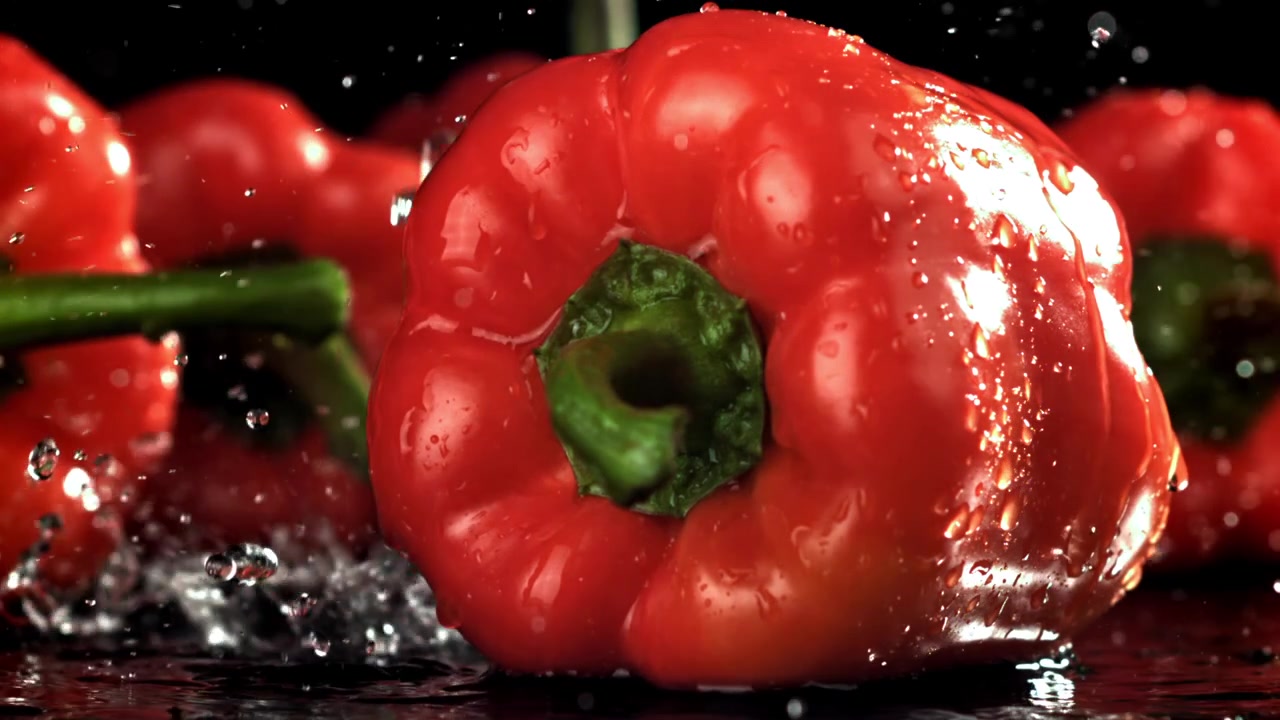 Čerstvá červená paprika s cákanci vody ve zpomaleném záběru