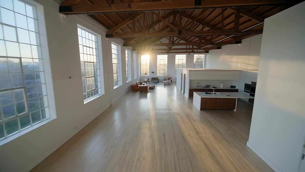 Moving camera revealing open-plan loft framed by sheer white curtains, sunlight filling space