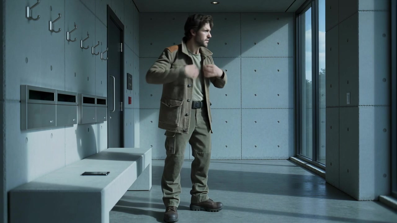 Reaching for jacket, olive-clad man donning it in lobby preparing to leave, smartphone on bench
