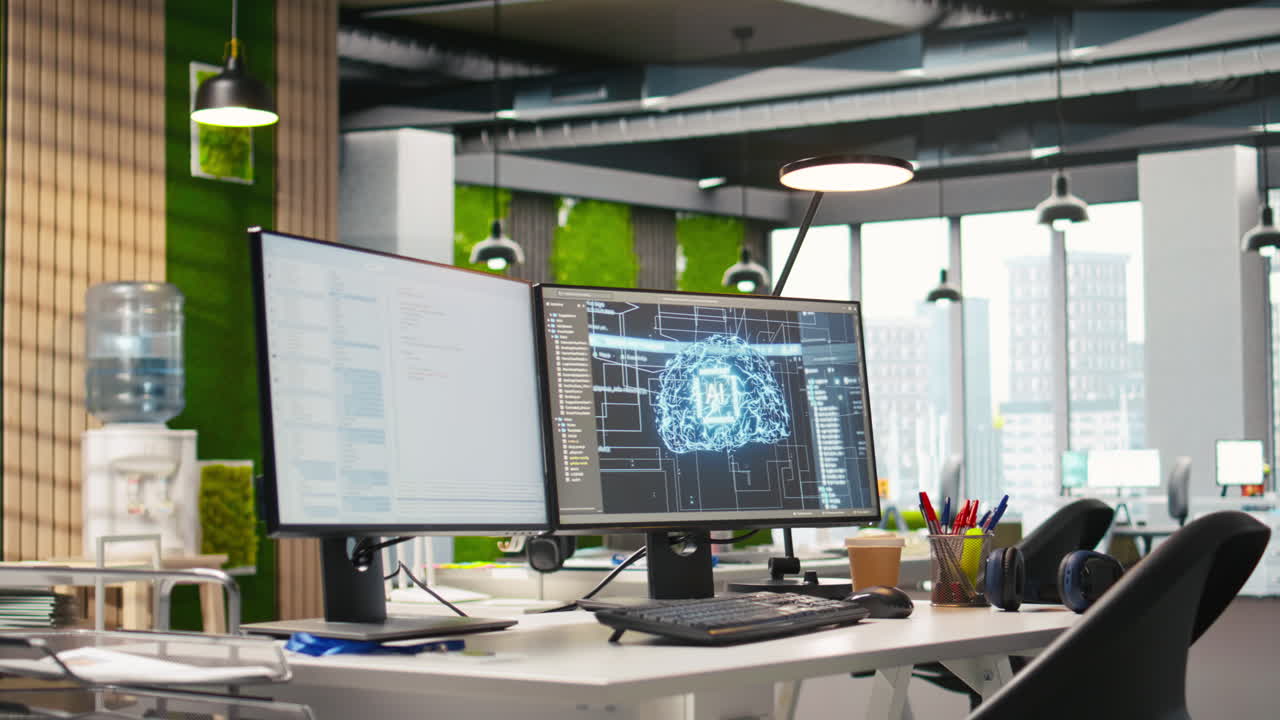 Empty Startup Office With Artificial Intelligence Program Running On Pc Monitors