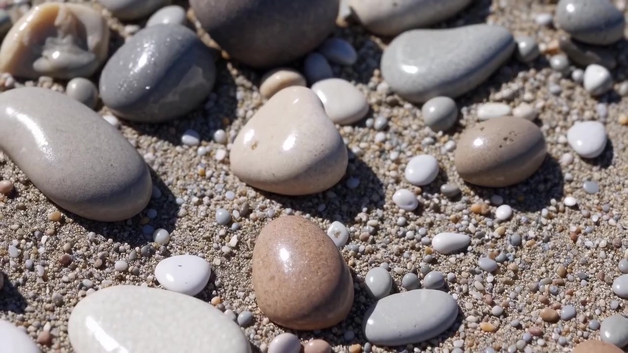 Glatte Kieselsteine und Sand an einem sonnigen Strand