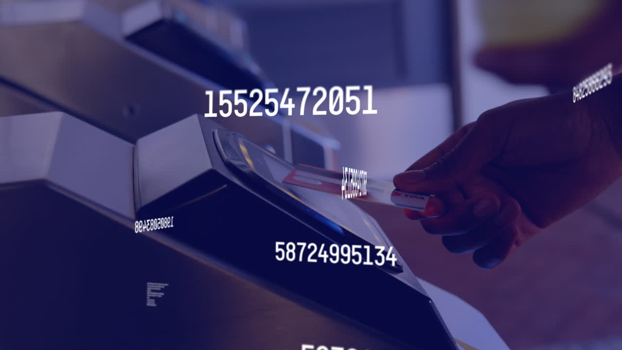 Animation of data processing over diverse people paying with credit card