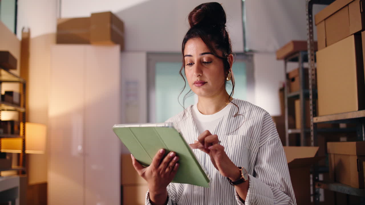 Young Woman Managing Inventory with Tablet in Warehouse
