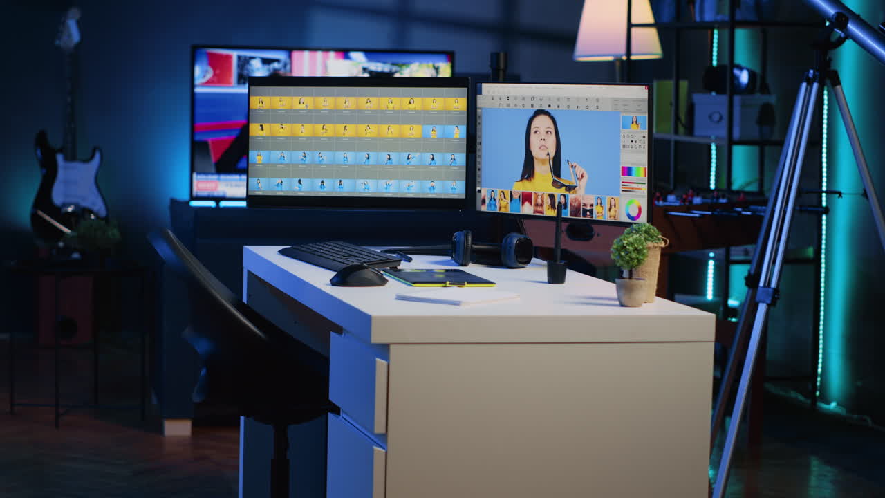 Media company creative office with multi monitors used for post processing retouching of images