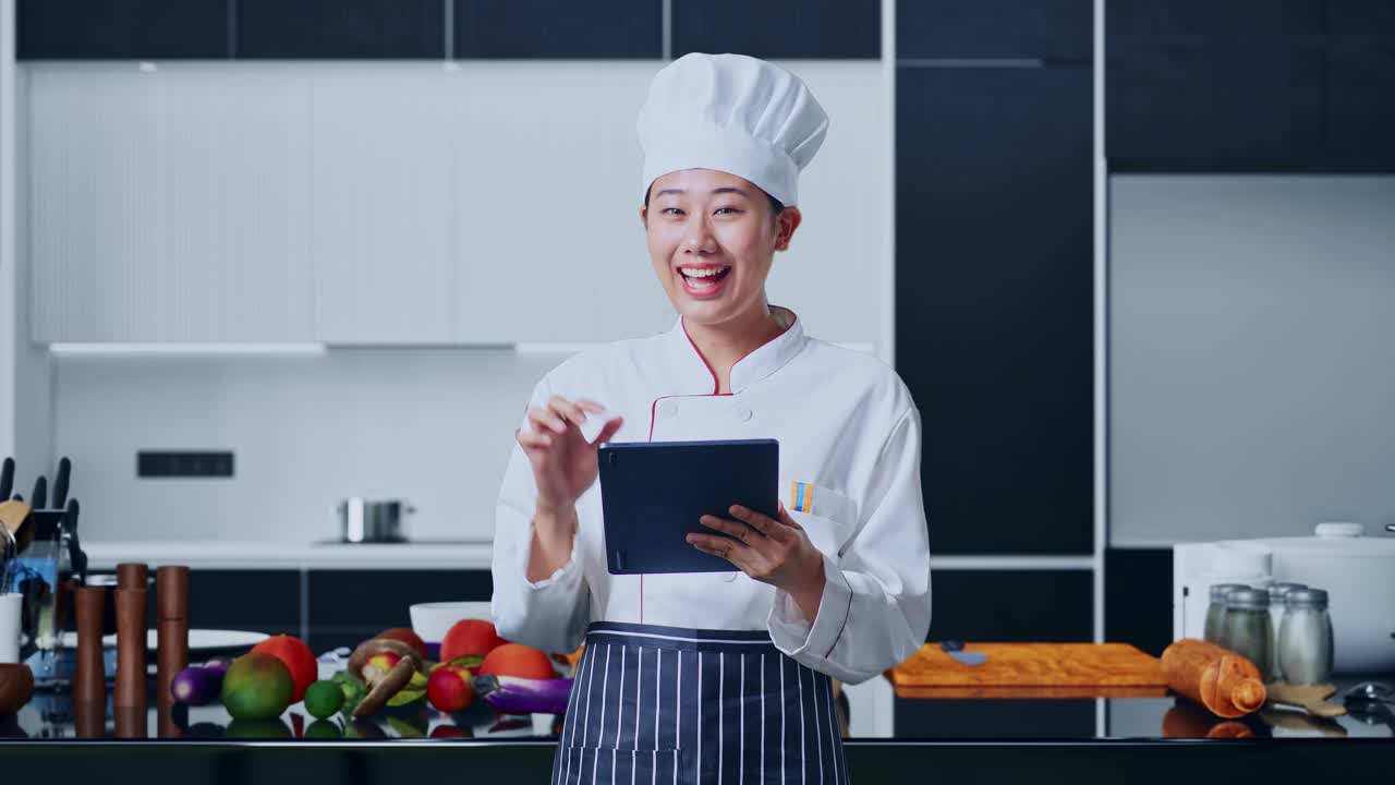 mujer chef asiática usando una tableta y apuntando al lado en la cocina de la casa