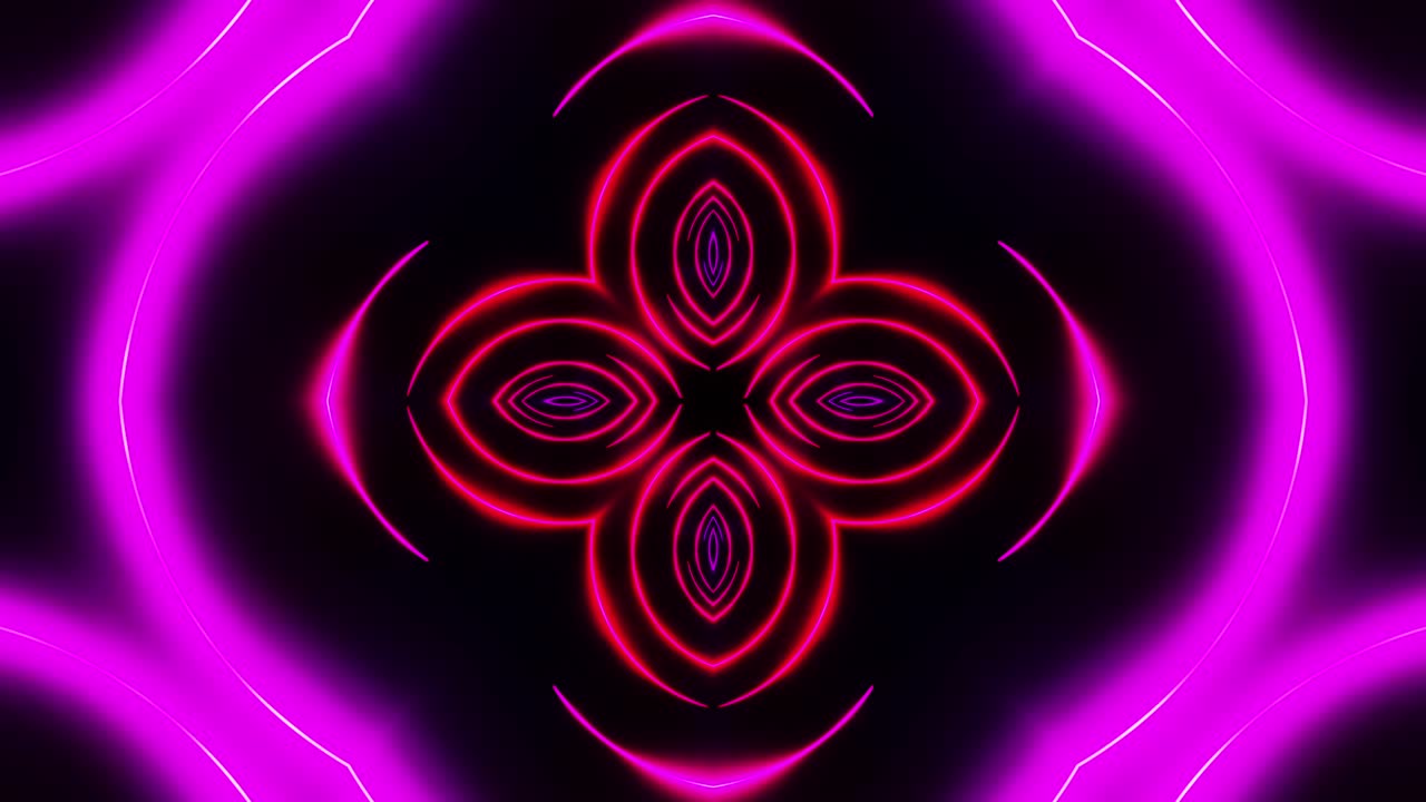 Volando sotto archi al neon rossi. Loop VJ caleidoscopico
