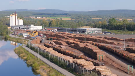 aerial view of a lumber mill and log yard