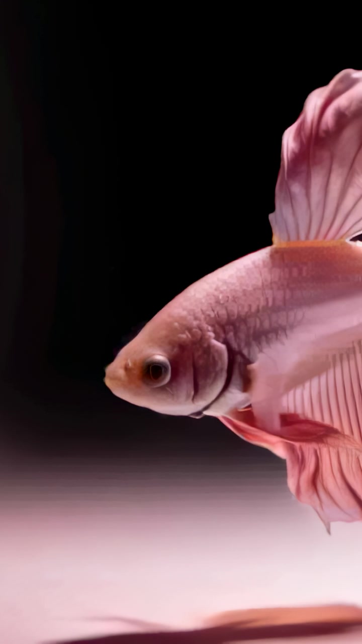 Video verticale: Entrando da destra, un pesce rosa scivola verso il centro dell'acquario, mostrando le pinne, spazio per il testo