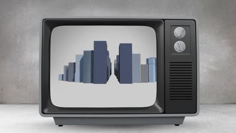 old tv with animation of buildings on screen