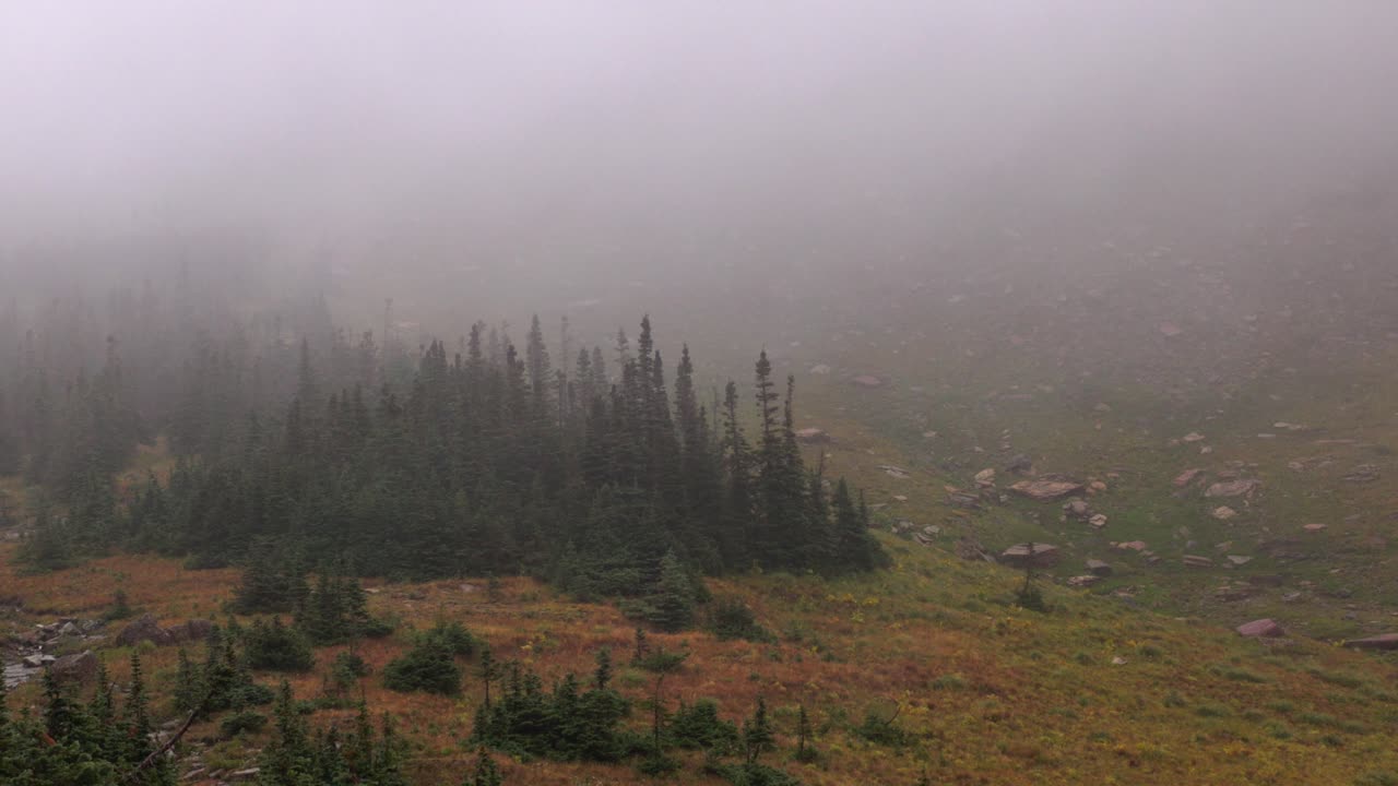 alas fuertes y niebla densa que sopla en el ala sobre el paso de logans en el parque nacional de los glaciares