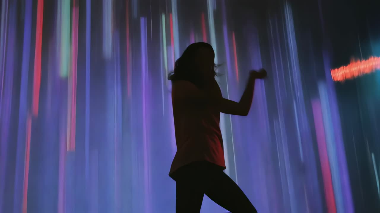 Young woman executing dynamic dance performance. Generating immersive artistic experience through vibrant light projections creating mesmerizing visual interaction with ambient multimedia environment