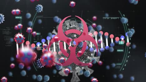 scope scanning biohazard symbol and multiple covid-19 cells