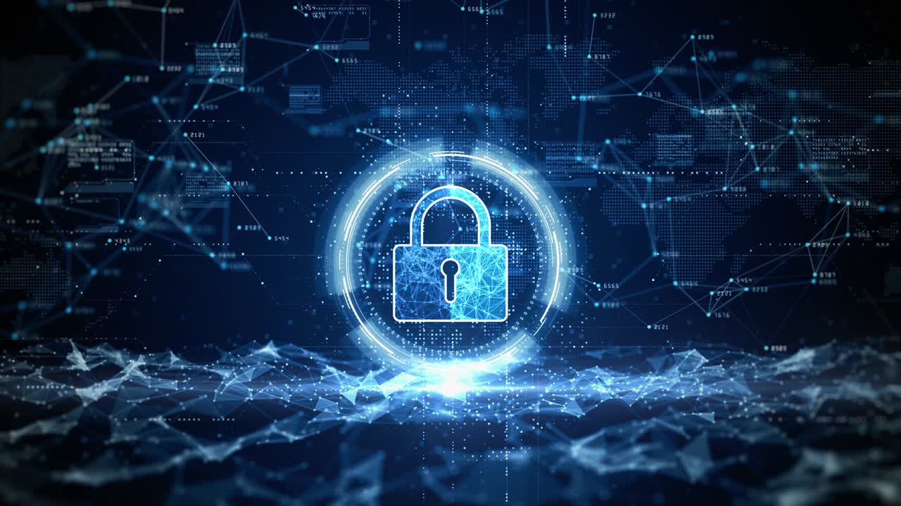 HUD Padlock Icon Cyber Security, Digital Data Network Protection, Future Technology Digital Data Network Connection Background Concept.