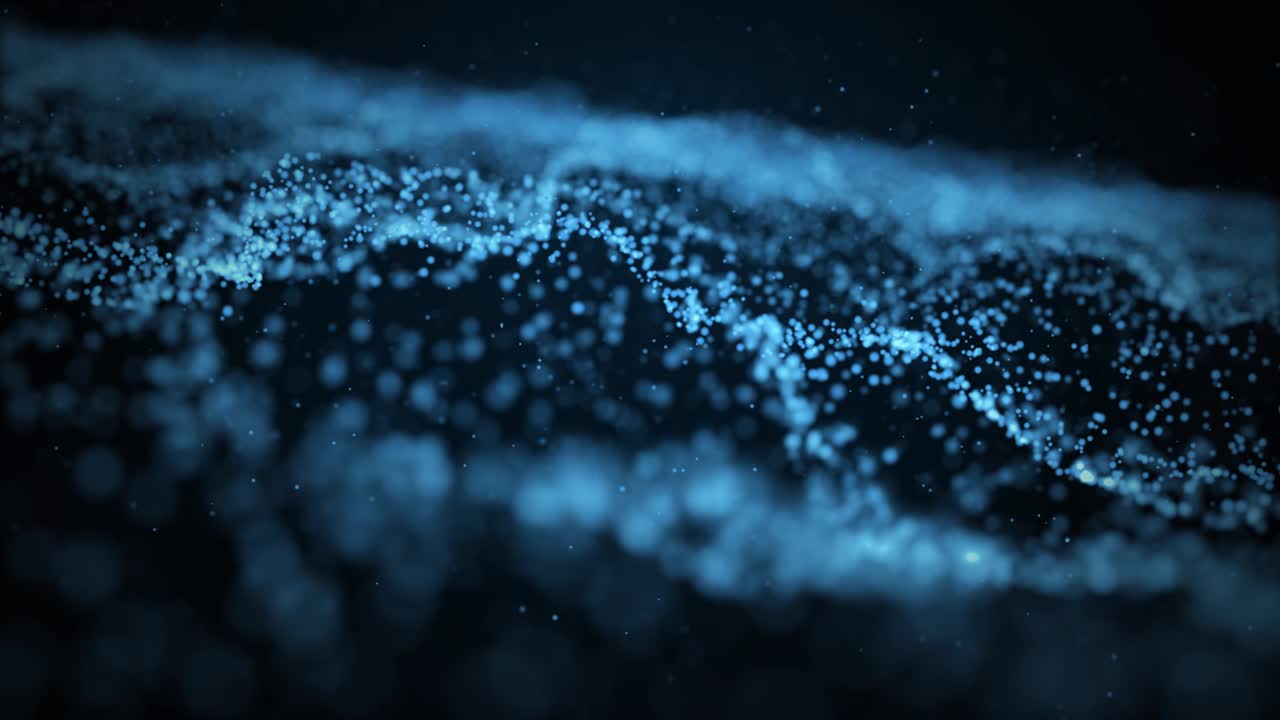 fondo azul abstracto con partículas de onda en movimiento. telón de fondo de bokeh. bucle.