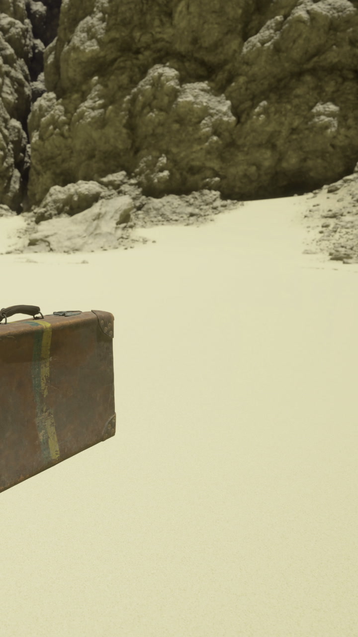 Old suitcase placed on sand near rocky terrain in a remote area