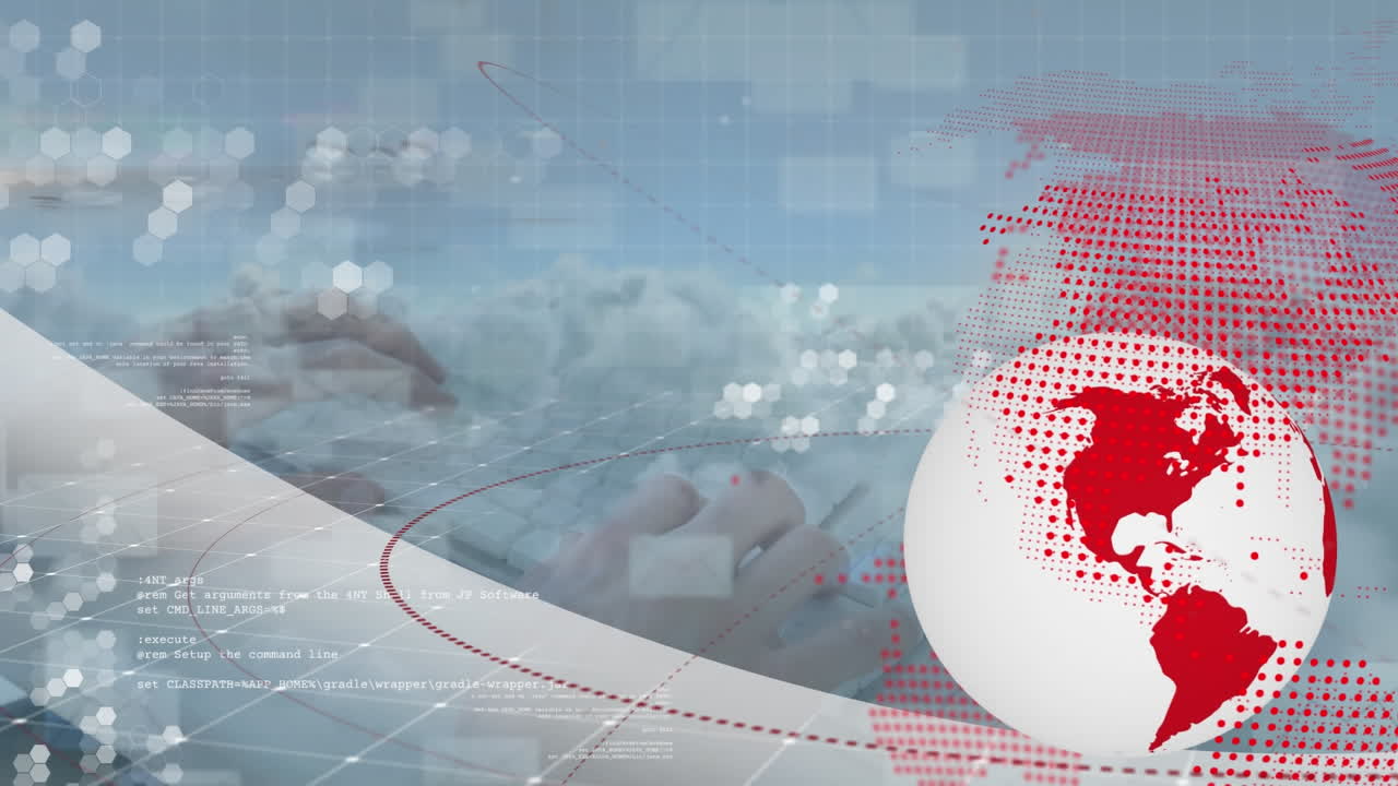 animación del globo y procesamiento de datos sobre las manos escribiendo en el teclado