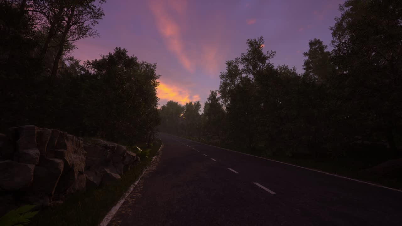 Strada forestale serena al tramonto con un cielo vibrante.
