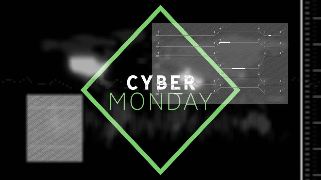 Cyber Monday featuring neon-green diamond frame showing hatch panels and glowing data streams