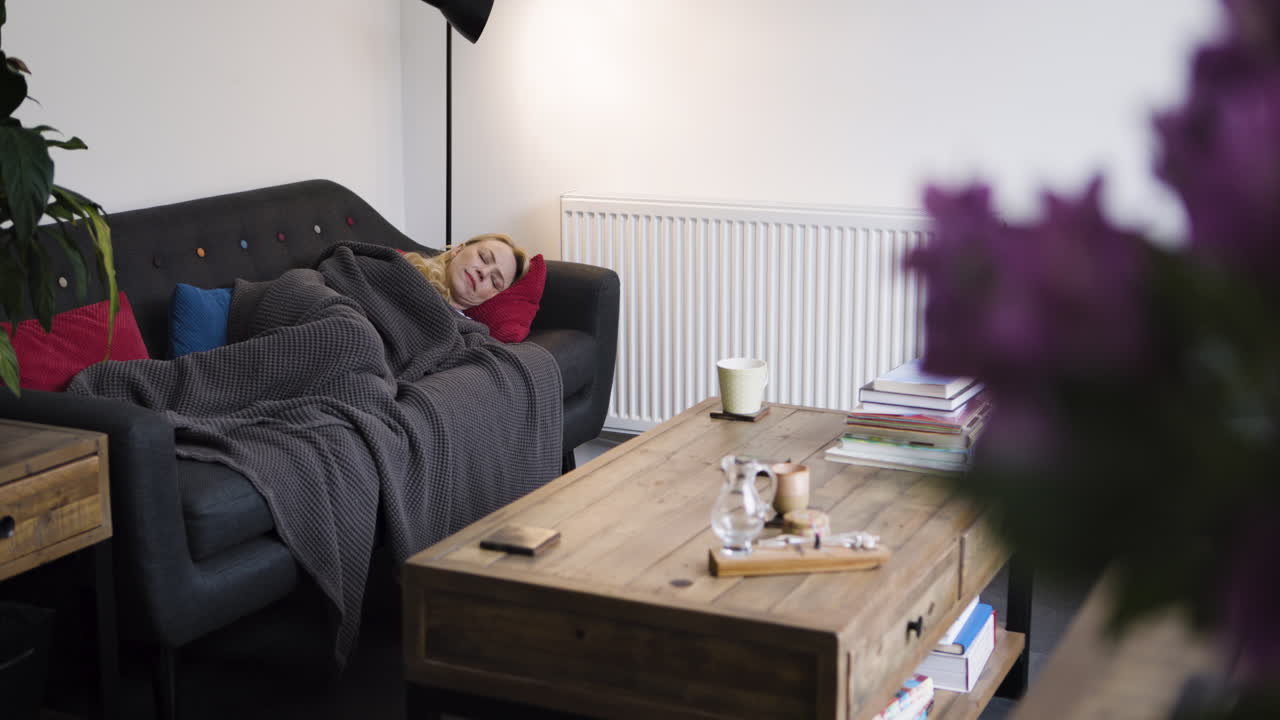 Woman sleeping on a couch in a living room